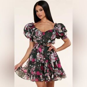 L'ATISTE Black and Pink Floral Mini Dress